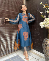 Evelina Teal Blue Handworked Long Maxi - 344