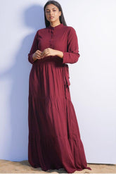 Maroon open frock dress with buttons and belt – elegant long maxi design for festive wear