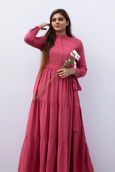 Baby pink long frock for women – elegant western-style dress with soft flowy silhouette