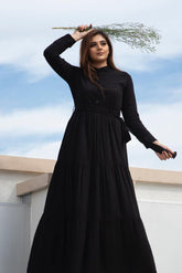 Simple black maxi dress with clean silhouette – elegant long frock for women in Pakistan