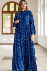 Polka dot open frock dress for women – front-open design with modern silhouette and classic charm