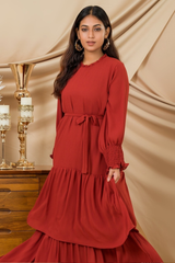 Chic rust skirt outfit for girls – stylish semi-formal wear with flowy skirt and modern top