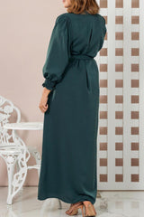 Back view of green long frock – modest Pakistani casual dress with flowy fabric