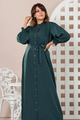 Green long frock for women – simple casual dress with modest and flowy silhouette in silk
