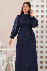 Simple long frock design in blue – breathable everyday wear from Pakistan casual dresses collection