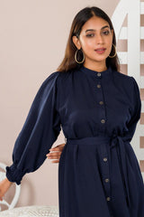 Close-up of blue fabric and neckline – soft material in simple long frock style