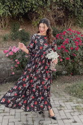 Elegant black frock design with floral pattern – western frock style for girls and women