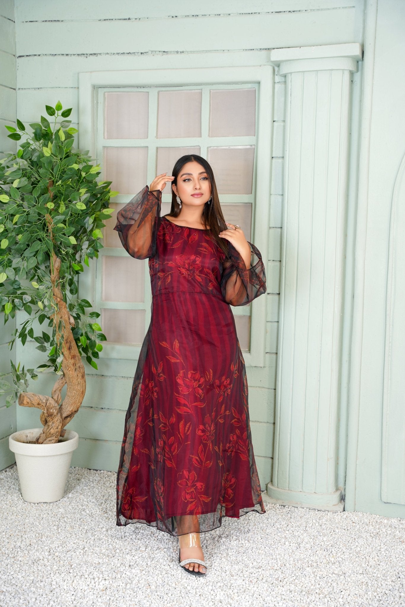 Elegant Organza Frock Maroon Hand Embroidered Floral Maxi Dress | Athena Apparels Athenapparels Elegant Organza Frock Maroon Hand Embroidered Floral Maxi Dress | Athena Apparels Athenapparels