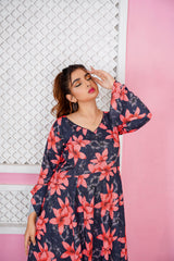Liezel Pink & Blue Floral V-Neck Maxi - 362