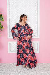 Liezel Pink & Blue Floral V-Neck Maxi - 362