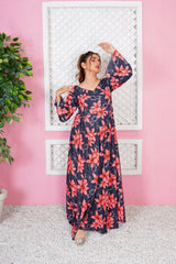 Liezel Pink & Blue Floral V-Neck Maxi - 362