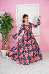 Liezel Pink & Blue Floral V-Neck Maxi - 362