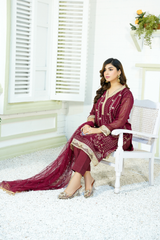 Skylar - Maroon Pure Chiffon Embroidered - 385 - 3PCs