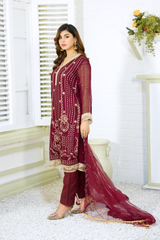 Skylar - Maroon Pure Chiffon Embroidered - 385 - 3PCs