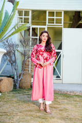 Lumina: Pink Long Shirt With Red Floral Work - 394