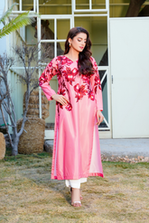 Lumina: Pink Long Shirt With Red Floral Work - 394
