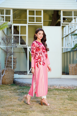 Lumina: Pink Long Shirt With Red Floral Work - 394