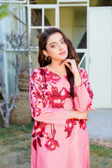 Lumina: Pink Long Shirt With Red Floral Work - 394