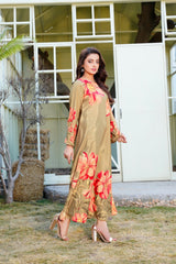 Allure: Moss Brown Long Maxi With Floral Touches - 395