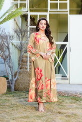 Allure: Moss Brown Long Maxi With Floral Touches - 395