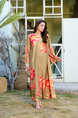 Allure: Moss Brown Long Maxi With Floral Touches - 395