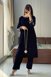 Zoe: Blue Velvet Long Length Kora Dabka Hand Embellishment Dress 2'PC - 465