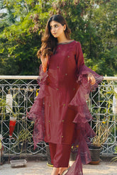 Emma: Maroon Dress 2PC With Crystal Hand Embellishment - 473
