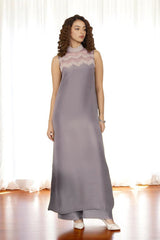Aria: Silver Silk Long Dress With Hand Embellishment - 475