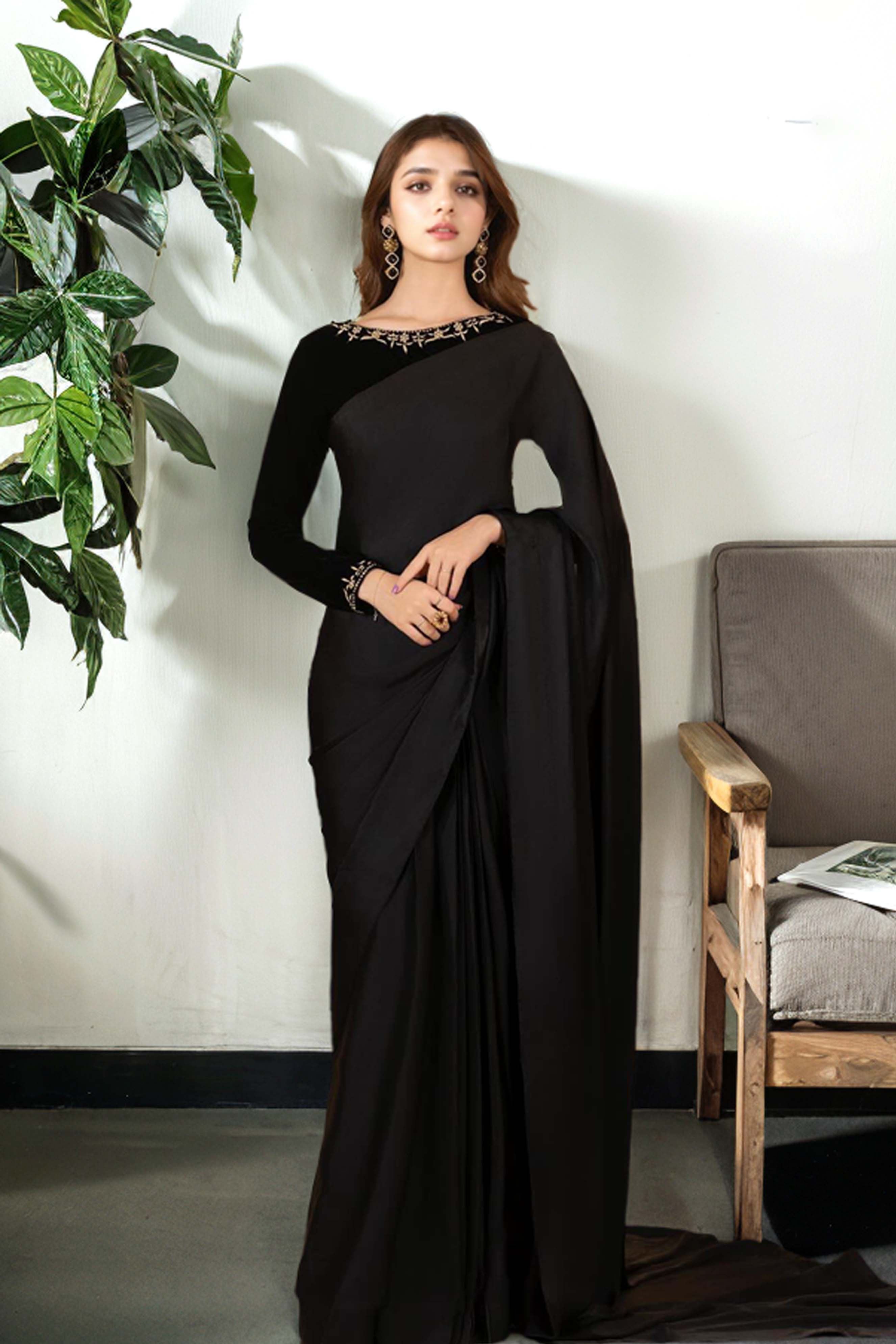 Elegant Black Silk Saree – Pakistani Designer Saree with Hand