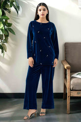 Sheena: Navy Blue Velvet Co Ord With Hand Embellishment - 453