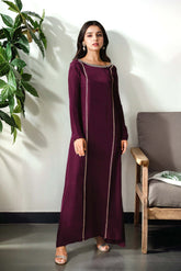 Elena burgundy long silk dress with crystal hand embellishment – maxi design for wedding, walima, nikkah, Eid and Pakistani party wear