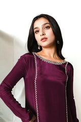 Elena burgundy long silk dress with crystal hand embellishment – maxi design for wedding, walima, nikkah, Eid and Pakistani party wear