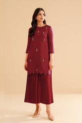 Izzie: Maroon Dress 2PC With Pleated Trouser Crystal Hand Embellishment - 470