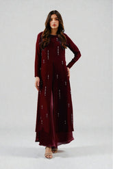 Artemis: Maroon Velvet & Silk Handwork Dress - 2PC