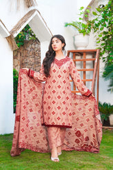 Arwa: Camel Brown And Maroon Color Lawn Dress 3PC - 431