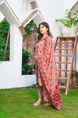 Arwa: Camel Brown And Maroon Color Lawn Dress 3PC - 431