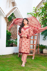 Arwa: Camel Brown And Maroon Color Lawn Dress 3PC - 431
