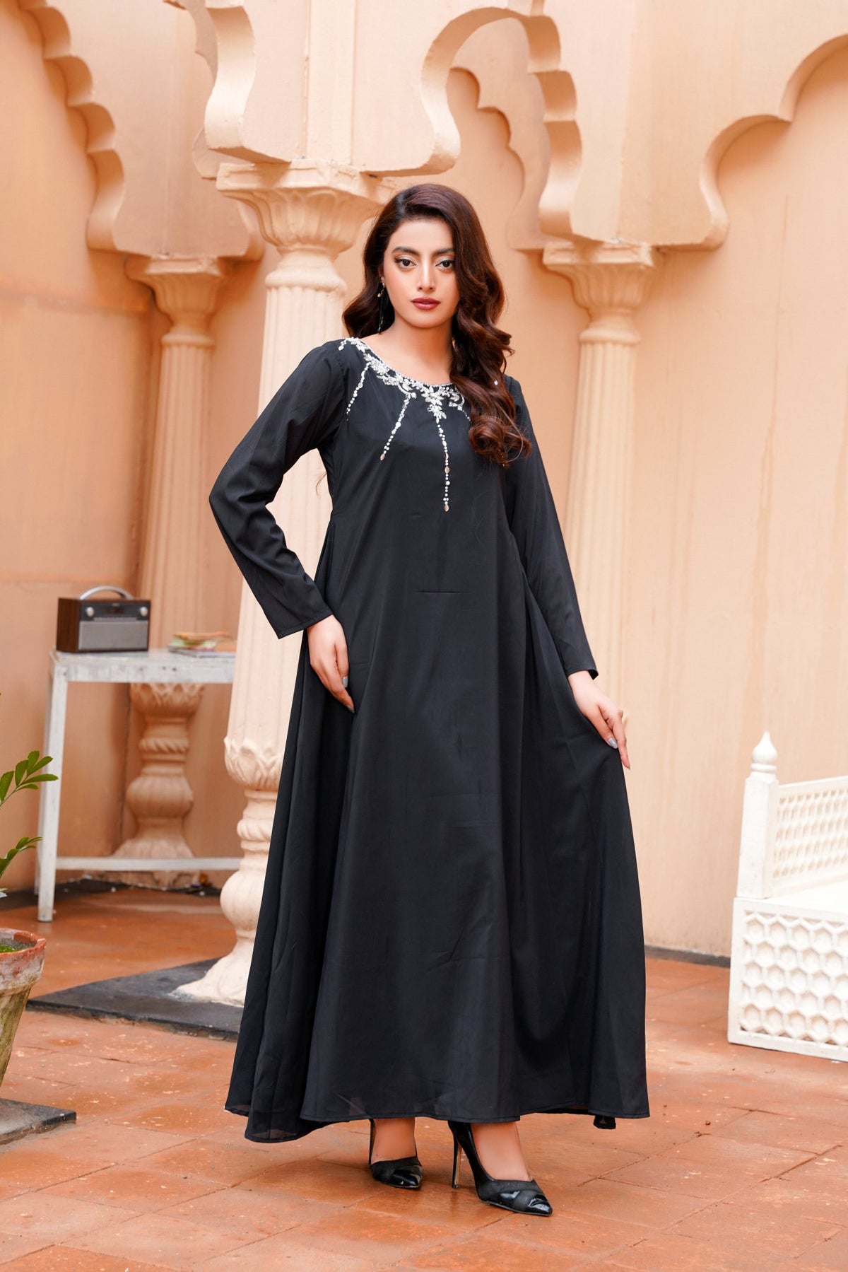 BlackNoir: Black Color Kora Dabka Handwork Long Maxi - 401