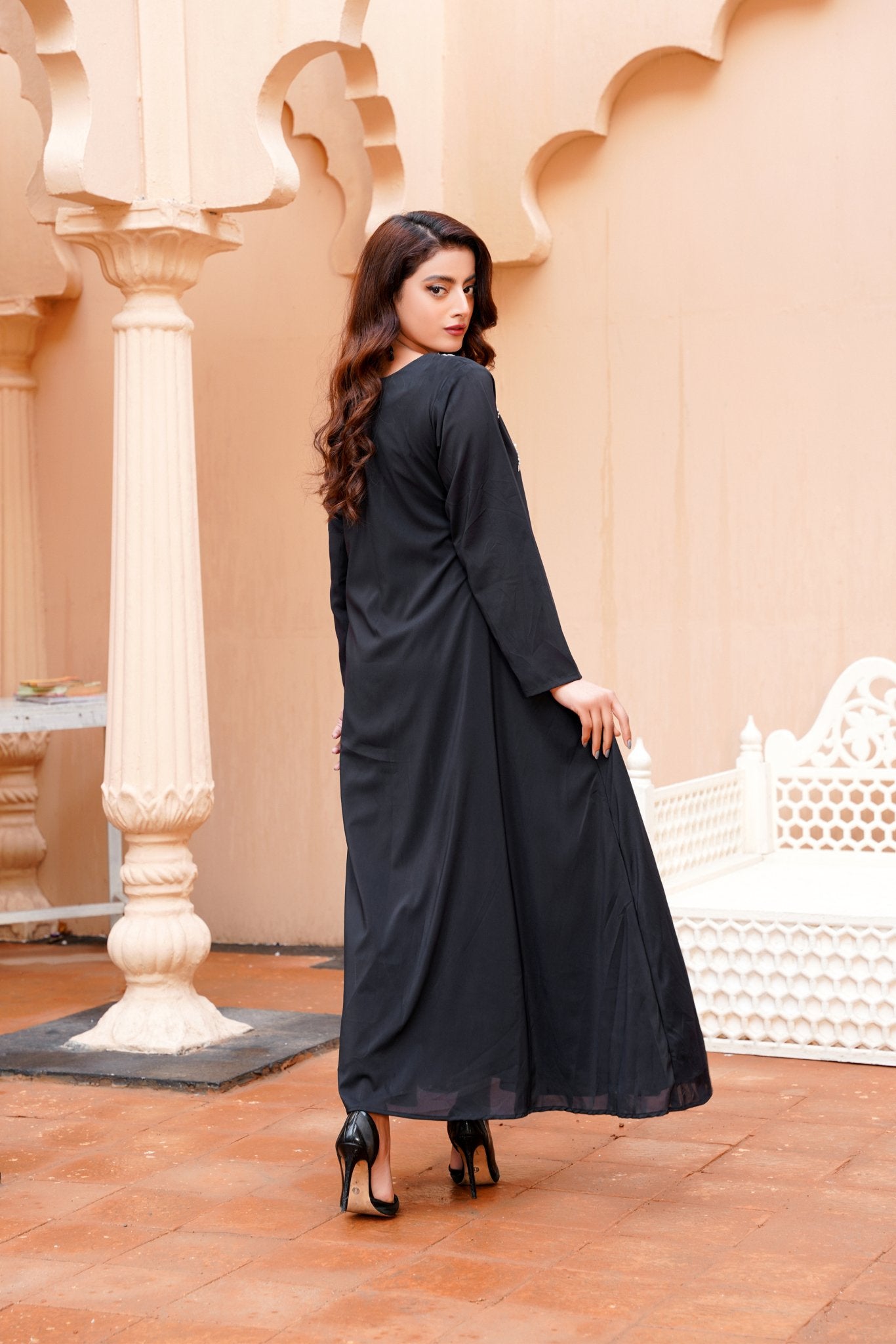 BlackNoir: Black Color Kora Dabka Handwork Long Maxi - 401