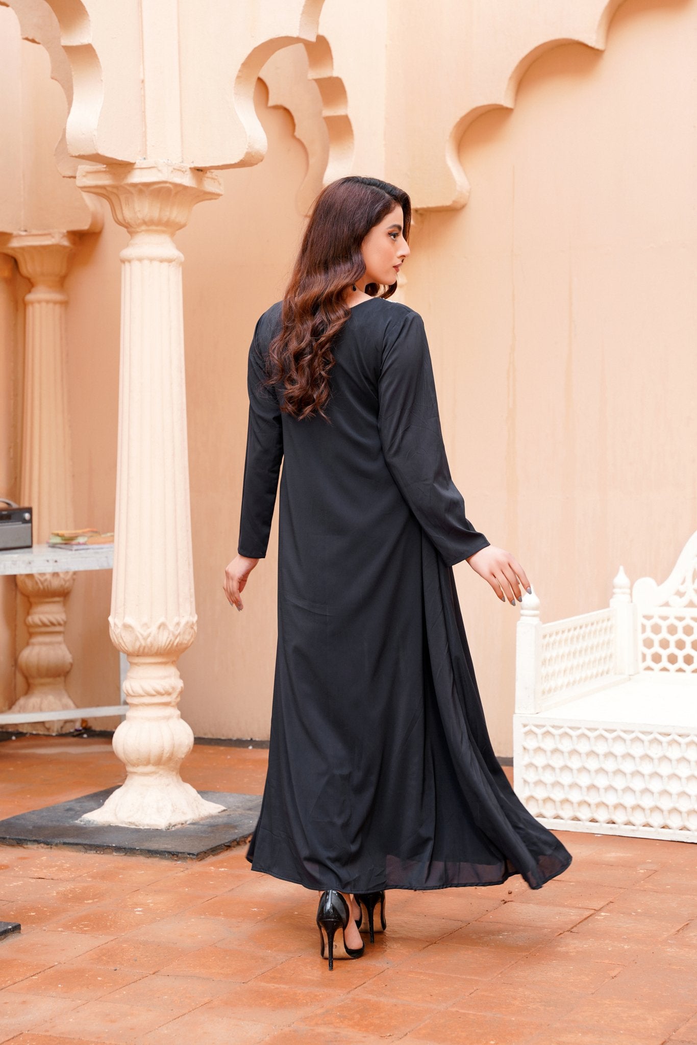 BlackNoir: Black Color Kora Dabka Handwork Long Maxi - 401