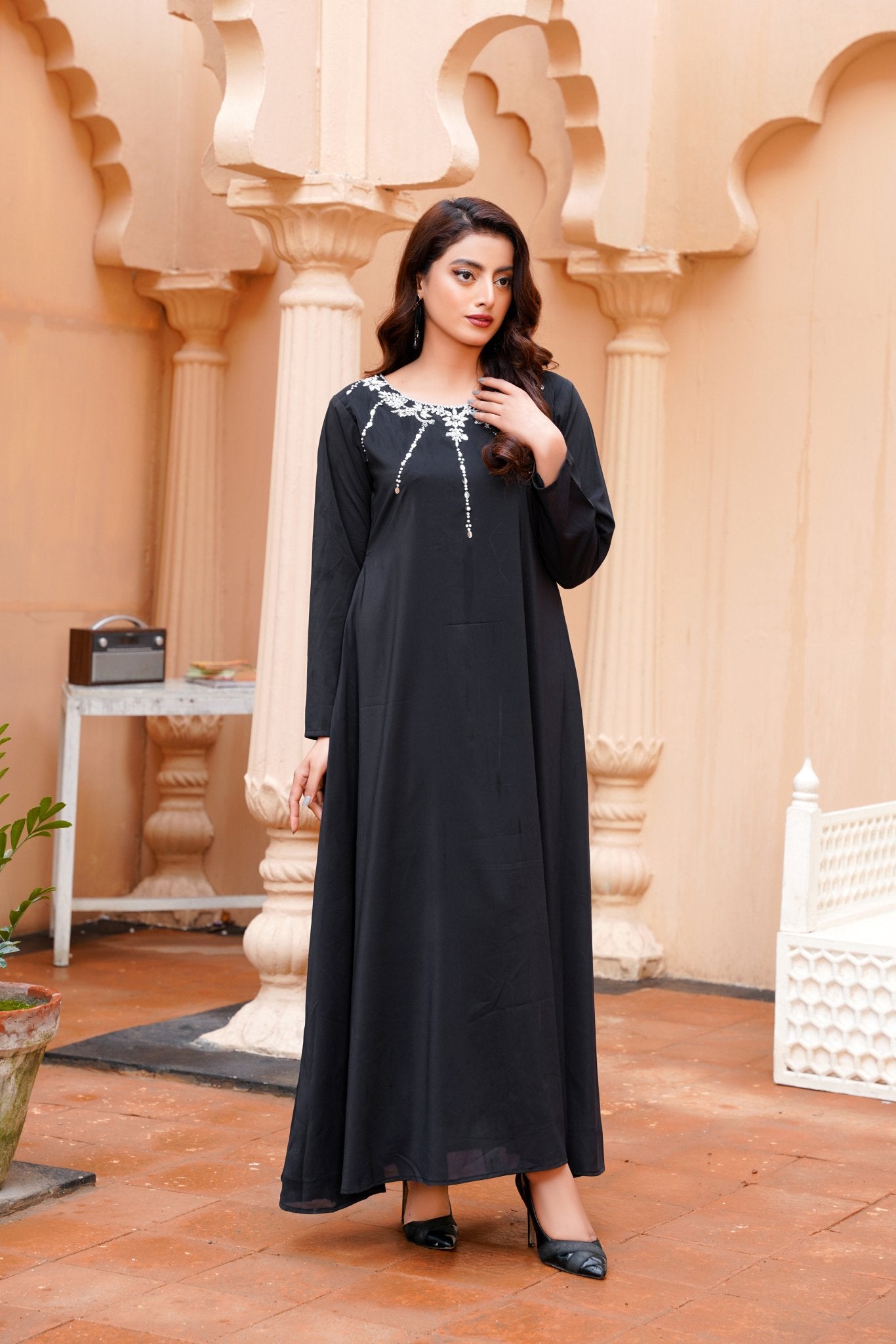 BlackNoir: Black Color Kora Dabka Handwork Long Maxi - 401