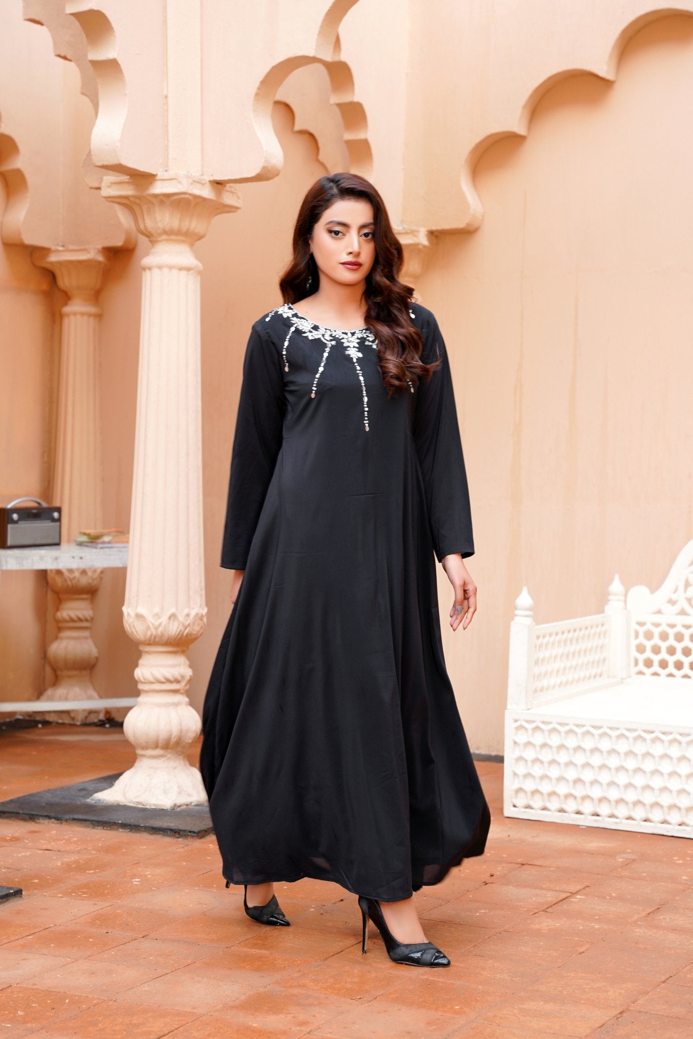 BlackNoir: Black Color Kora Dabka Handwork Long Maxi - 401