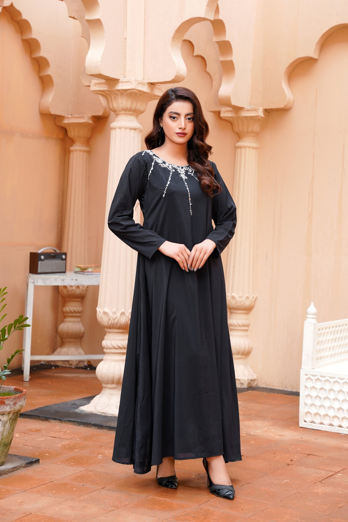 BlackNoir: Black Color Kora Dabka Handwork Long Maxi - 401