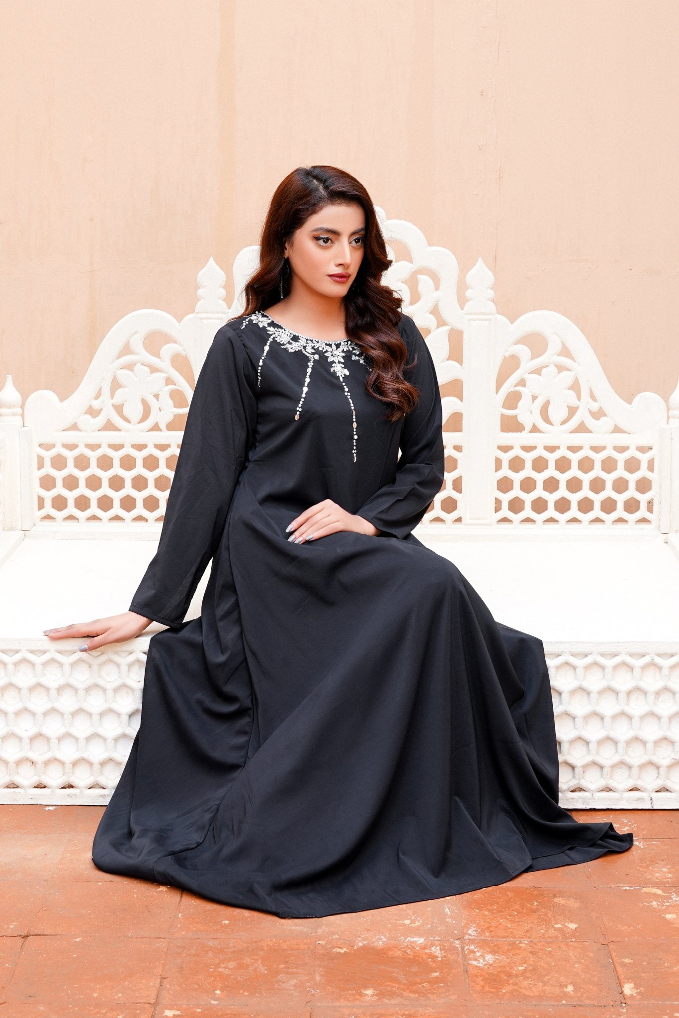 BlackNoir: Black Color Kora Dabka Handwork Long Maxi - 401