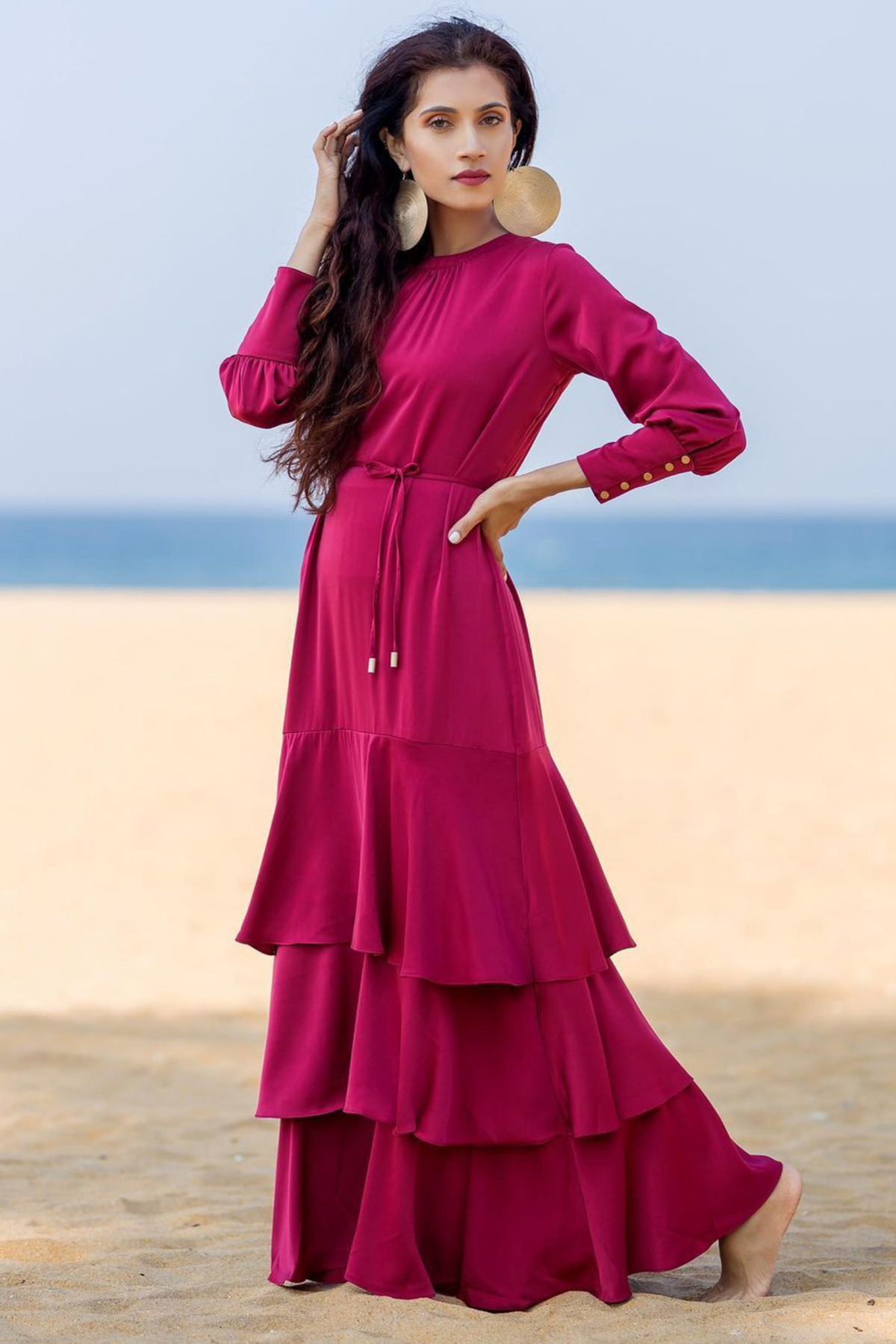 Pink Flared Maxi With Long Sleeves - 326