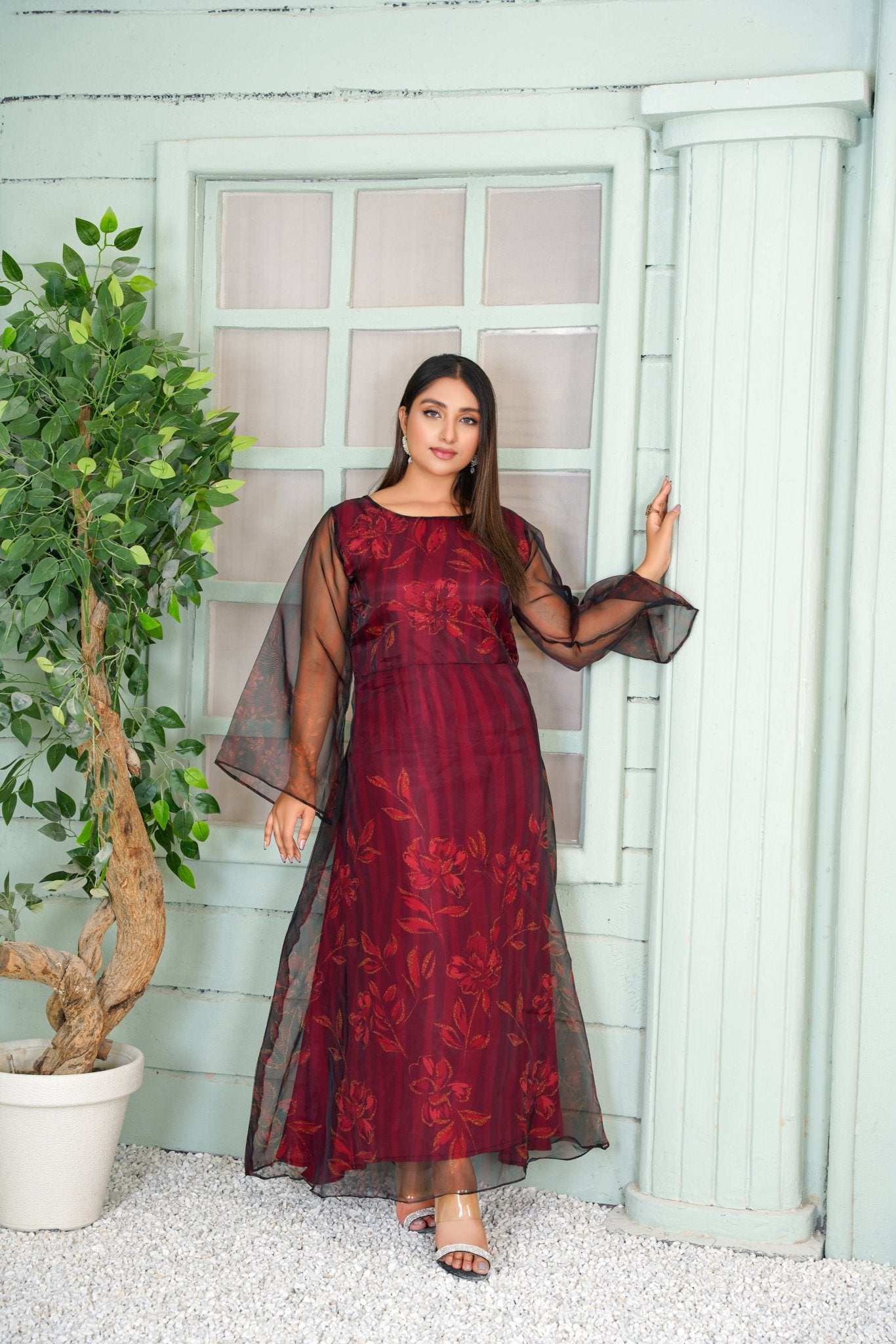 Agnese Maroon Handworked Floral Long Maxi - 351