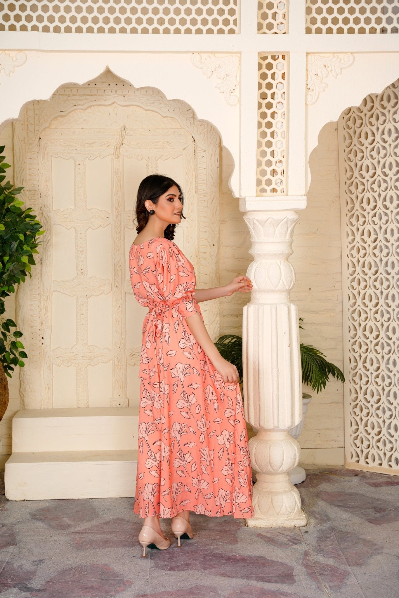 Delph Peach V-Neck Floral Maxi - 355