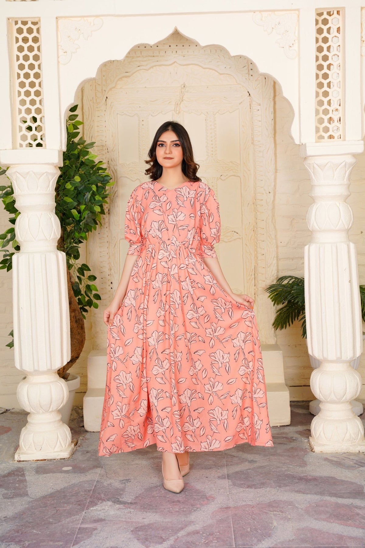 Delph Peach V-Neck Floral Maxi - 355