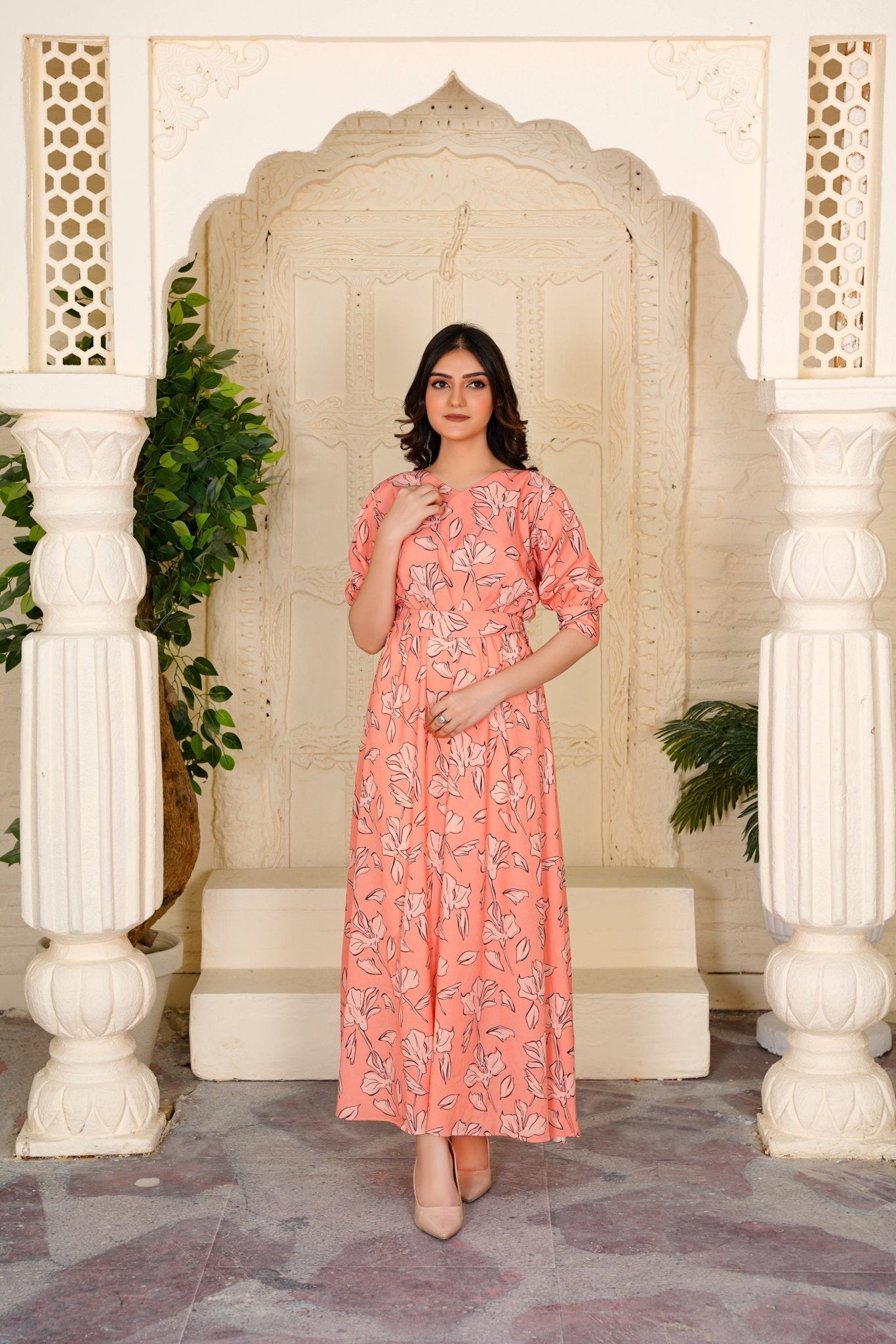 Delph Peach V-Neck Floral Maxi - 355