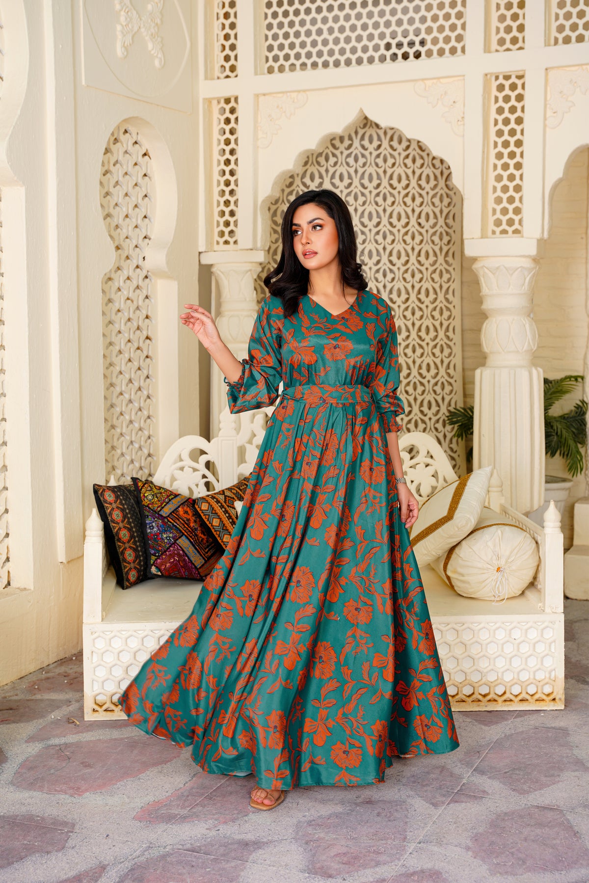 Elegant Western Dress Green and White Floral Maxi in Pakistan | Athena Apparels Athenapparels Elegant Western Dress Green and White Floral Maxi in Pakistan | Athena Apparels Athenapparels